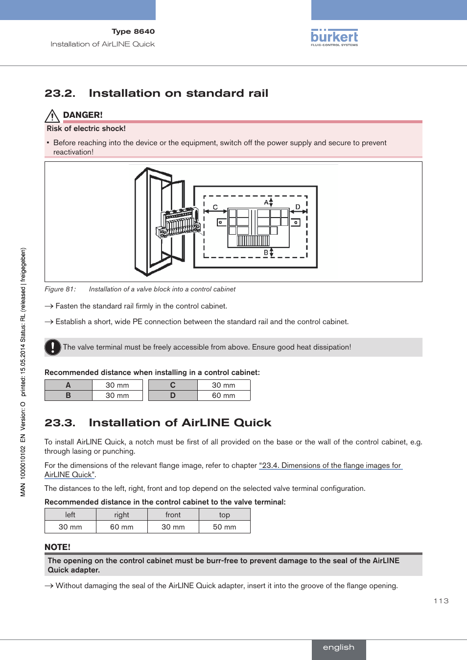 Installation on standard rail, Installation of airline quick | Burkert Type 8640 User Manual | Page 113 / 119