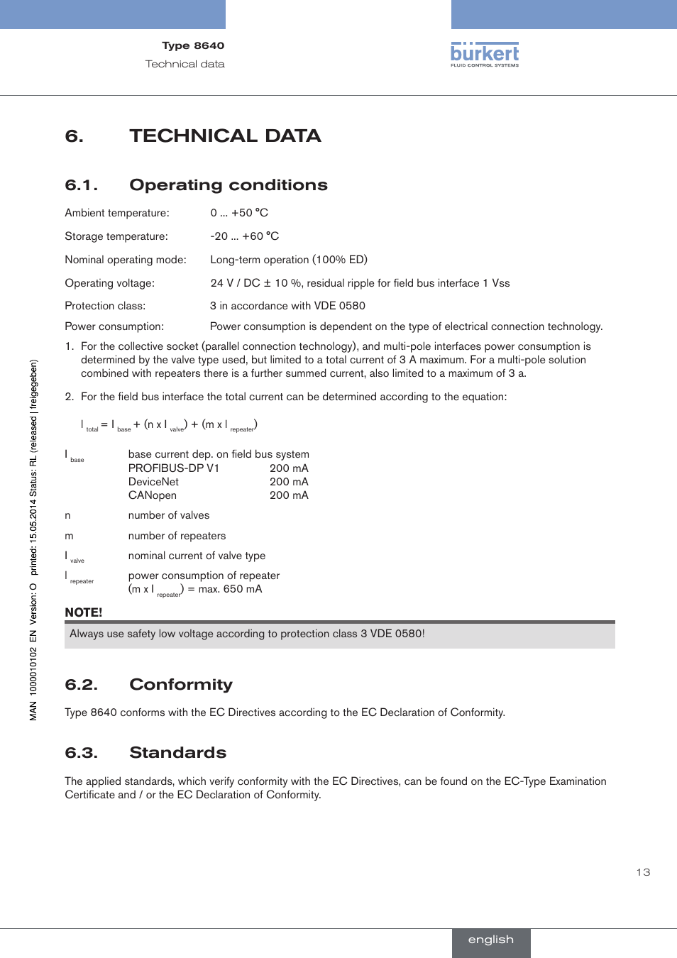 Technical data, Operating conditions, Conformity | Standards | Burkert Type 8640 User Manual | Page 13 / 119