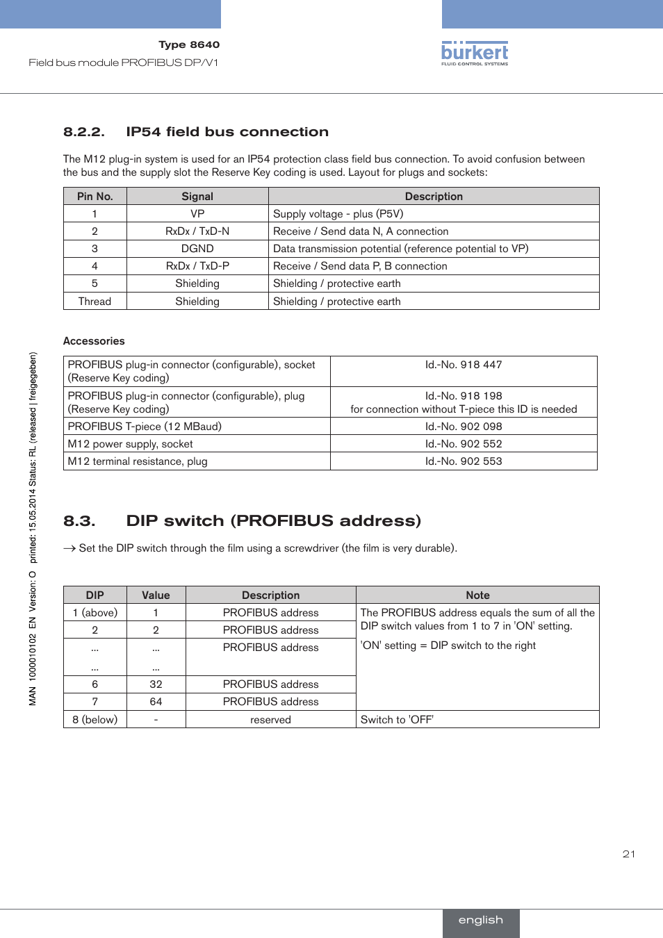 Dip switch (profibus address) | Burkert Type 8640 User Manual | Page 21 / 119