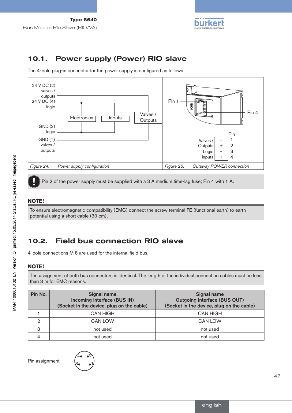 Power supply (power) rio slave, Field bus connection rio slave | Burkert Type 8640 User Manual | Page 47 / 119