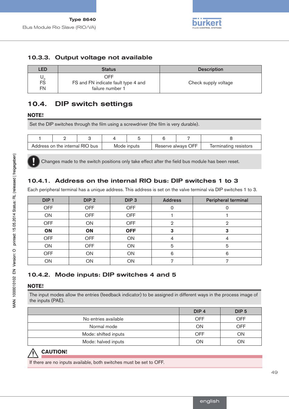 Dip switch settings | Burkert Type 8640 User Manual | Page 49 / 119