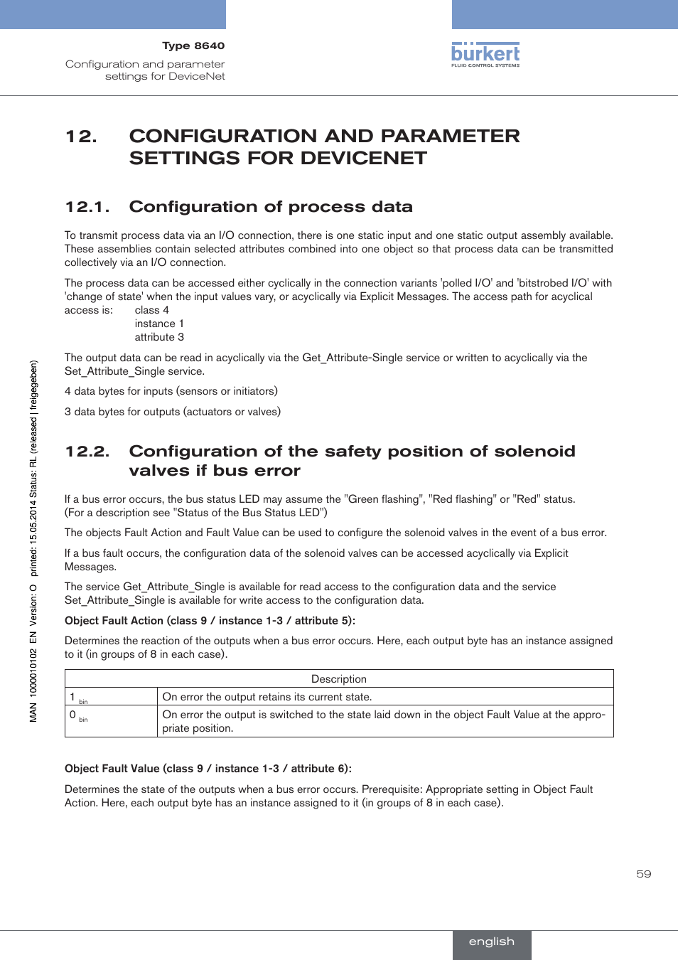 Configuration and parameter settings for devicenet, Configuration of process data | Burkert Type 8640 User Manual | Page 59 / 119