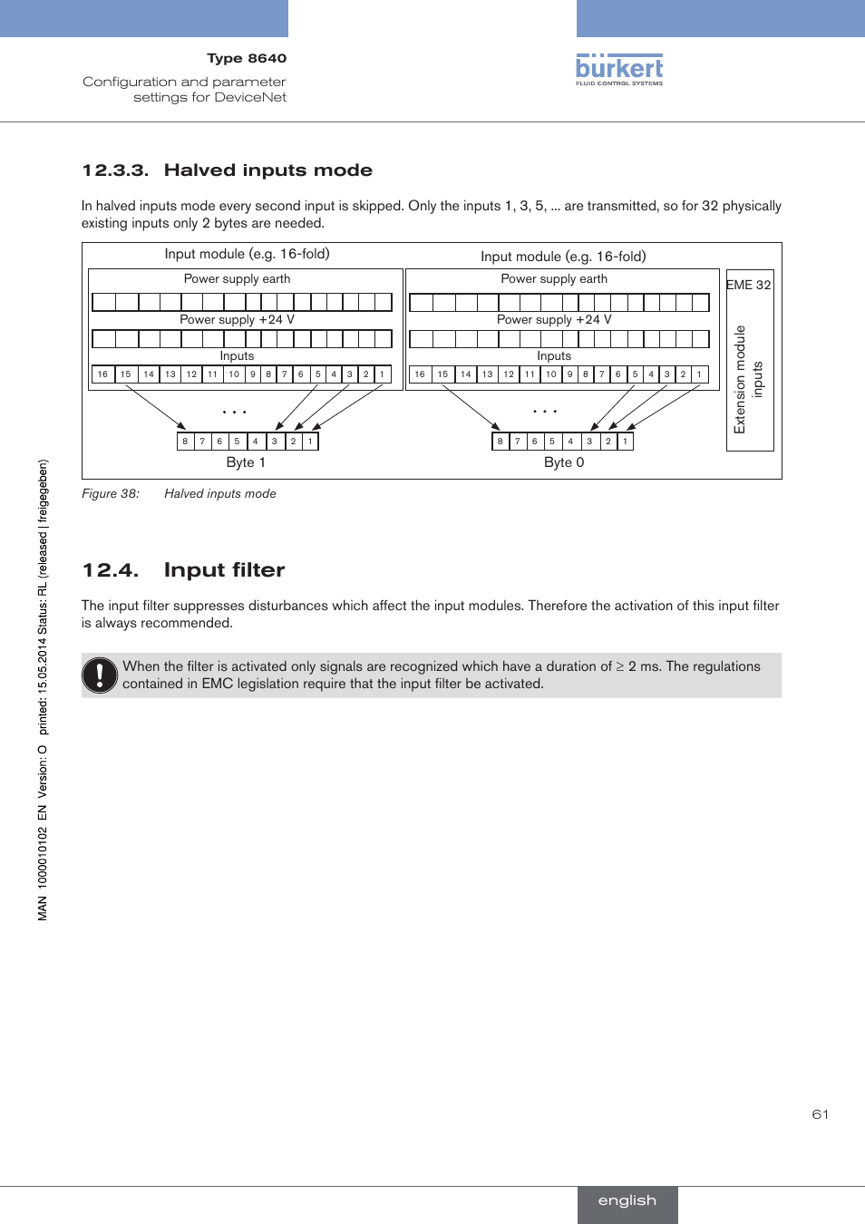 Input filter, Halved inputs mode, Input module (e.g. 16-fold) | Input module (e.g. 16-fold) byte 1 byte 0, English | Burkert Type 8640 User Manual | Page 61 / 119