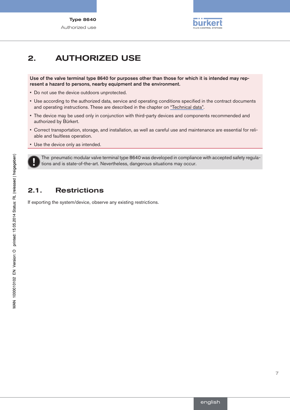 Authorized use, Restrictions, Authorized use 2.1. restrictions | Burkert Type 8640 User Manual | Page 7 / 119