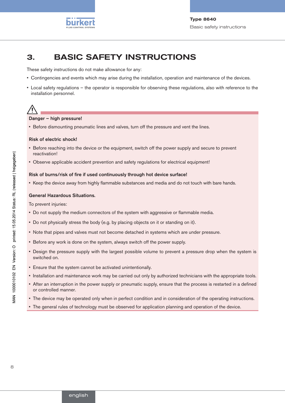 Basic safety instructions | Burkert Type 8640 User Manual | Page 8 / 119