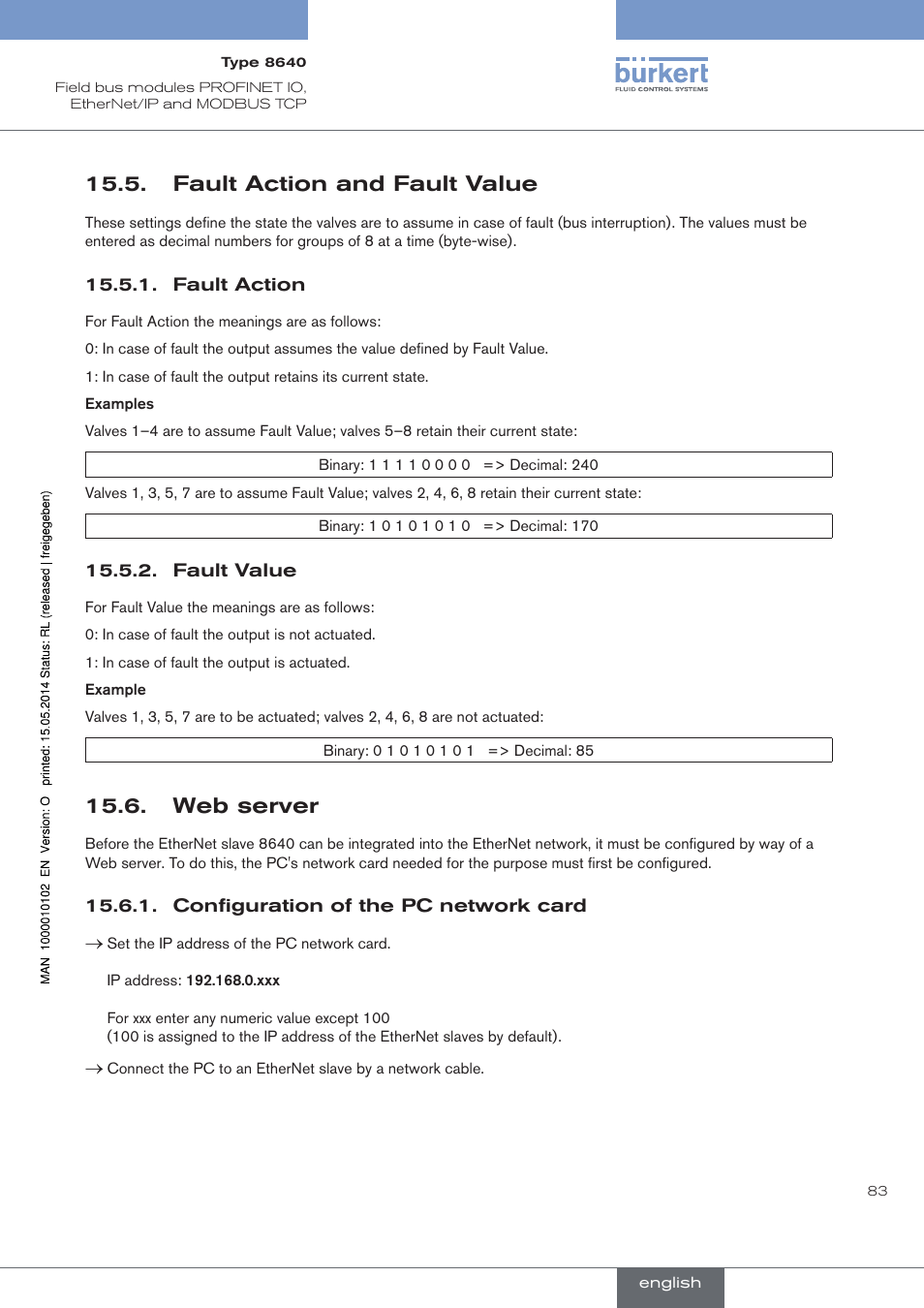 Fault action and fault value, Web server, Fault action and fault value 15.6. web server | Burkert Type 8640 User Manual | Page 83 / 119