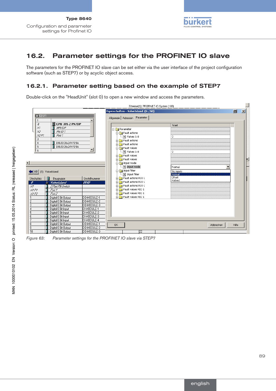 Parameter settings for the profinet io slave | Burkert Type 8640 User Manual | Page 89 / 119