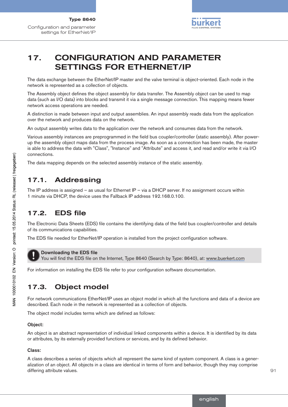 Addressing, Eds file, Object model | Burkert Type 8640 User Manual | Page 91 / 119