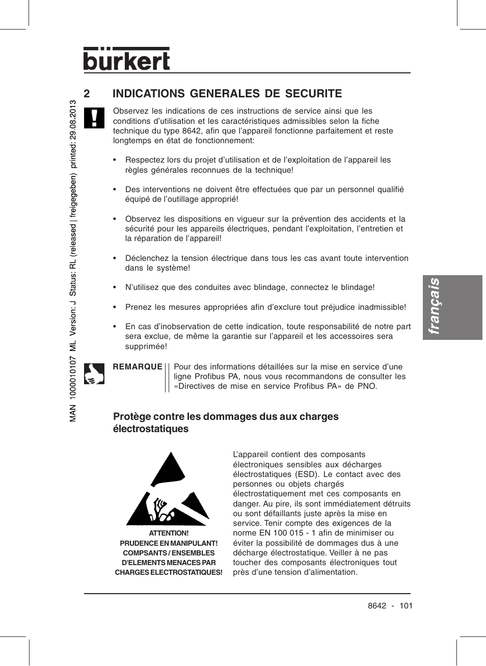 Français, 2indications generales de securite | Burkert Type 8642 User Manual | Page 100 / 145