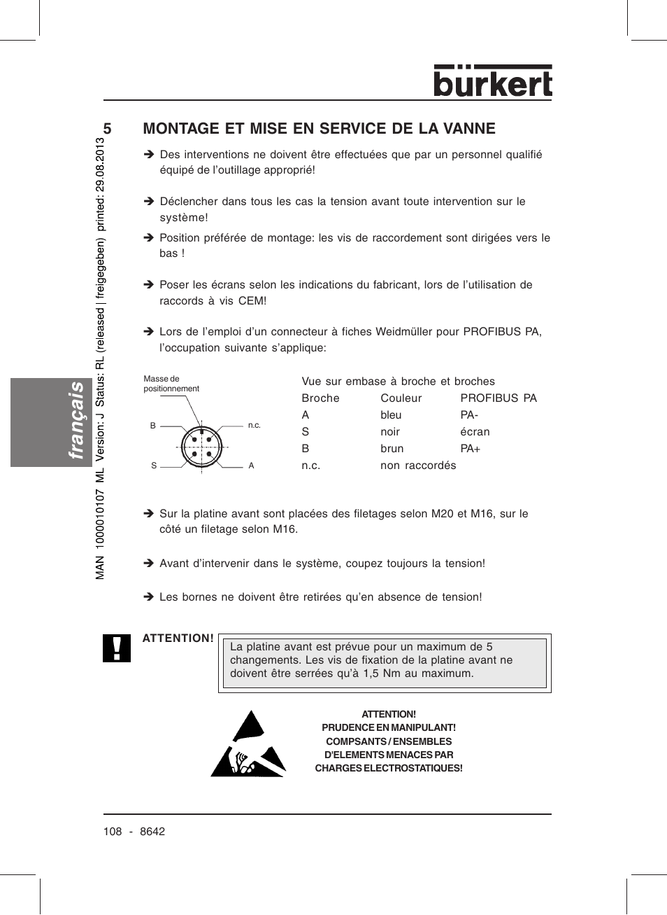 Français, 5montage et mise en service de la vanne | Burkert Type 8642 User Manual | Page 107 / 145