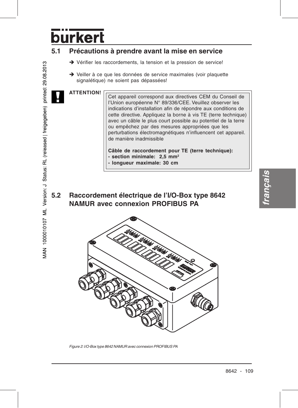 Français, 1 précautions à prendre avant la mise en service | Burkert Type 8642 User Manual | Page 108 / 145