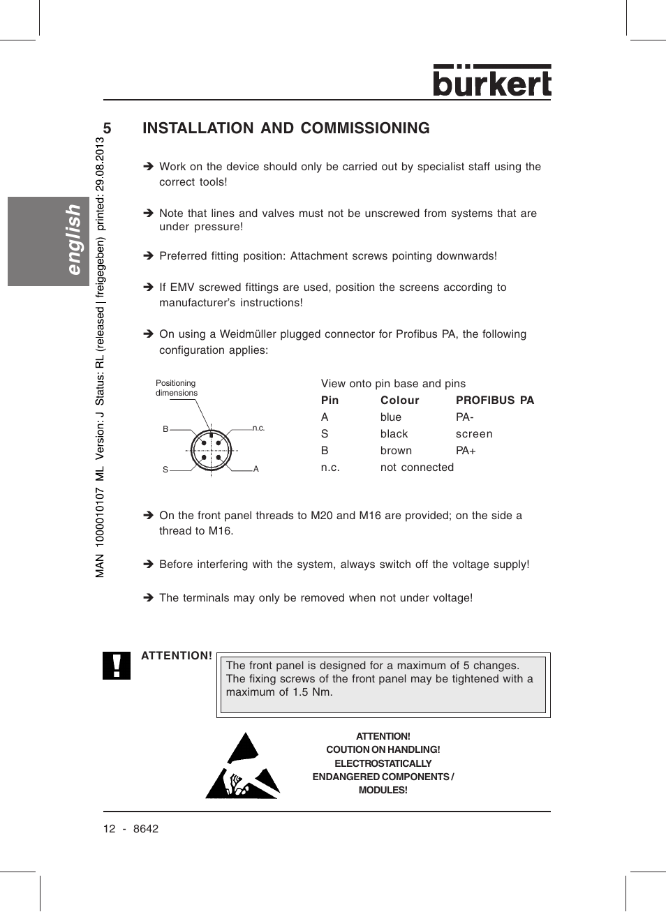 English, 5installation and commissioning | Burkert Type 8642 User Manual | Page 13 / 145