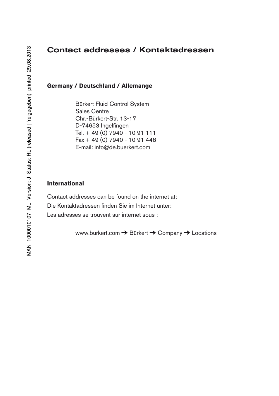 Contact addresses / kontaktadressen | Burkert Type 8642 User Manual | Page 144 / 145