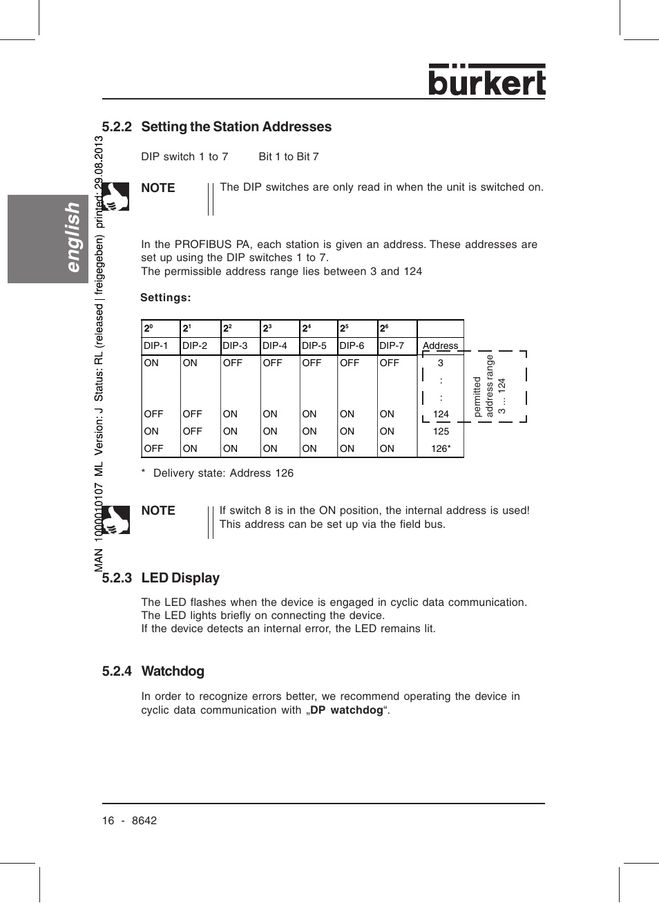 English, 2 setting the station addresses, 3 led display | 4 watchdog | Burkert Type 8642 User Manual | Page 17 / 145
