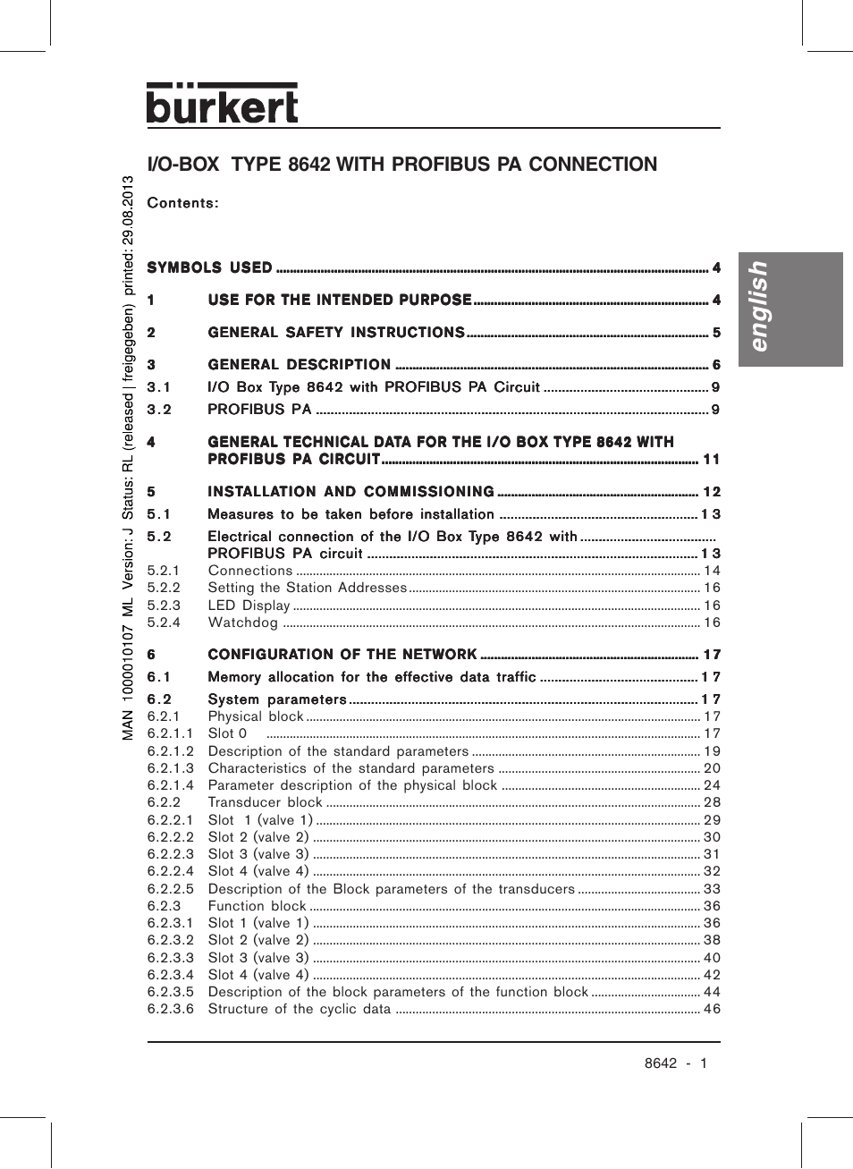 English, I/o-box type 8642 with profibus pa connection | Burkert Type 8642 User Manual | Page 3 / 145