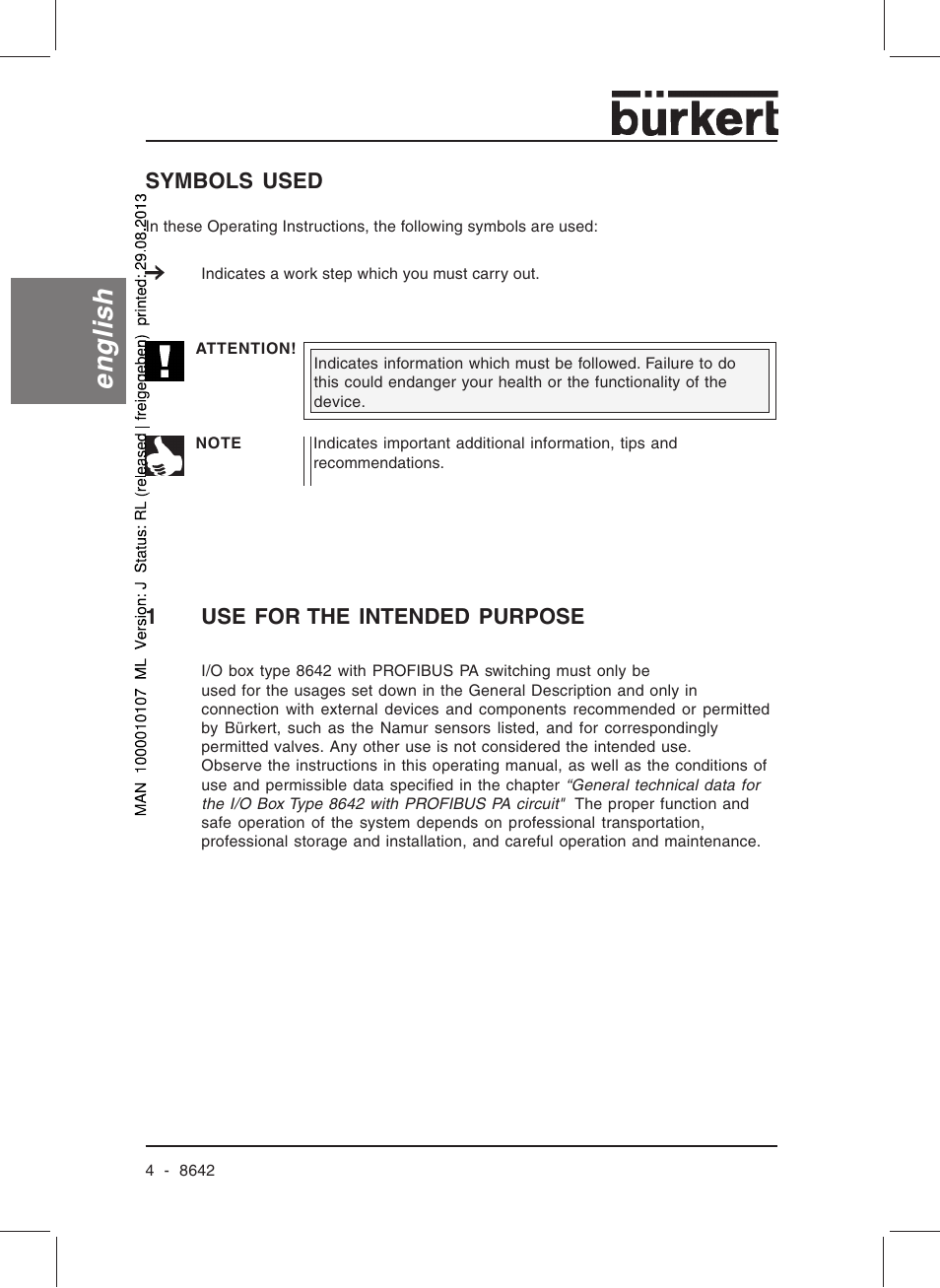 English, Symbols used, 1use for the intended purpose | Burkert Type 8642 User Manual | Page 5 / 145