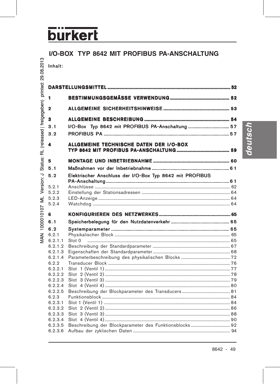 Deutsch, I/o-box typ 8642 mit profibus pa-anschaltung | Burkert Type 8642 User Manual | Page 50 / 145
