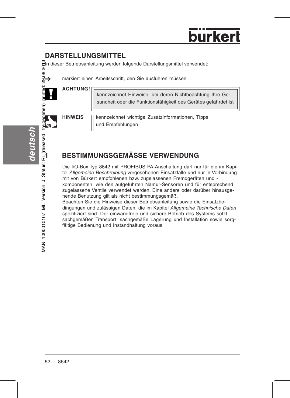Deutsch, Darstellungsmittel, 1bestimmungsgemässe verwendung | Burkert Type 8642 User Manual | Page 52 / 145