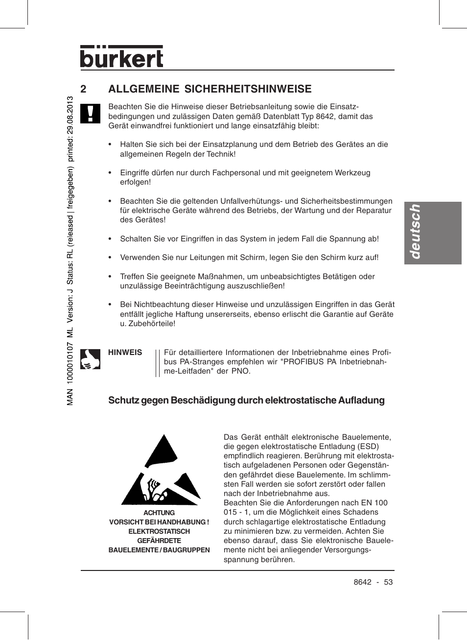 Deutsch, 2allgemeine sicherheitshinweise | Burkert Type 8642 User Manual | Page 53 / 145