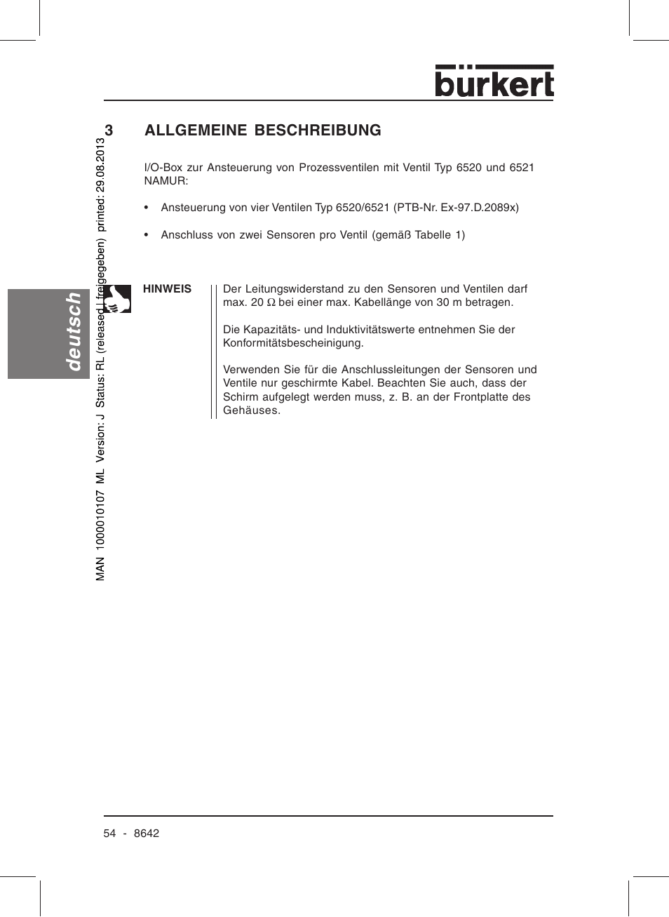 Deutsch, 3allgemeine beschreibung | Burkert Type 8642 User Manual | Page 54 / 145