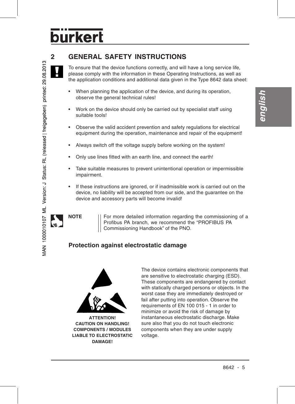 English, 2general safety instructions | Burkert Type 8642 User Manual | Page 6 / 145