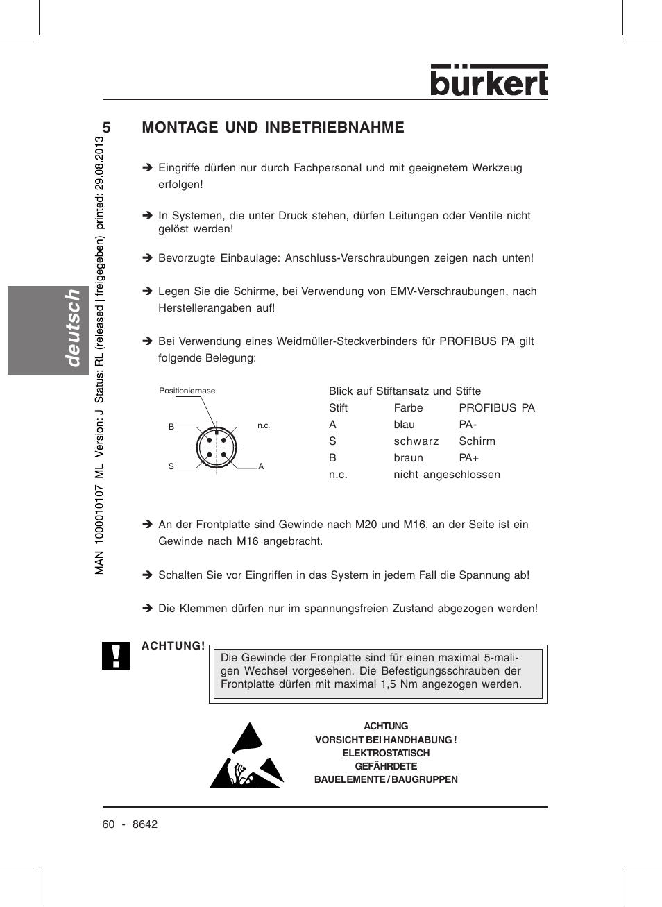 Deutsch, 5montage und inbetriebnahme | Burkert Type 8642 User Manual | Page 60 / 145