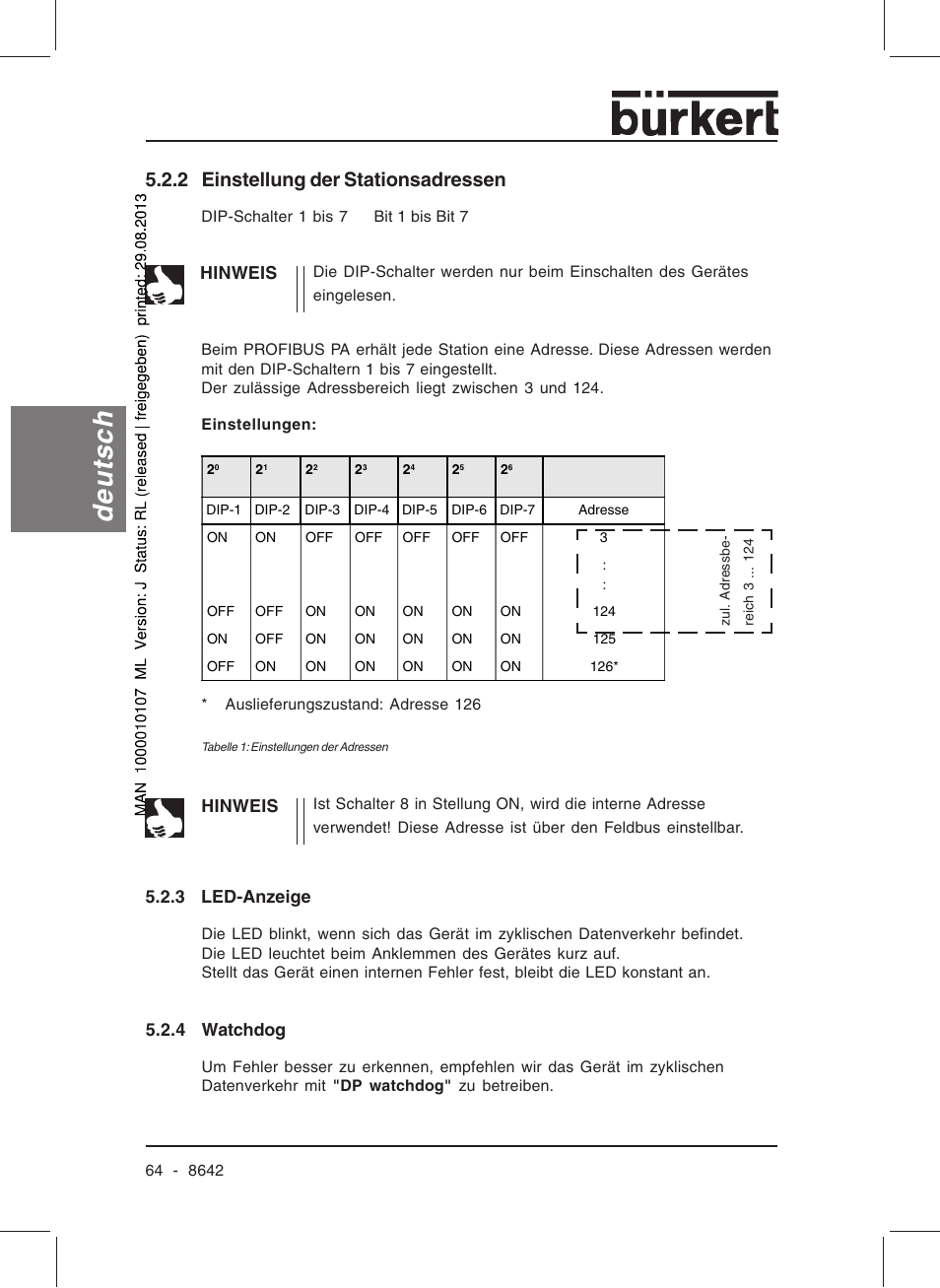 Deutsch, 2 einstellung der stationsadressen, Hinweis | 3 led-anzeige, 4 watchdog | Burkert Type 8642 User Manual | Page 64 / 145