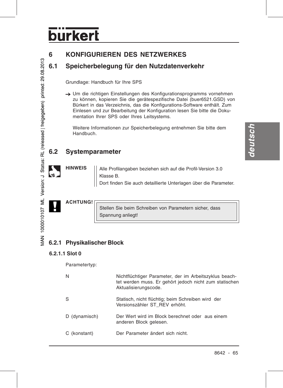 Deutsch, 6konfigurieren des netzwerkes, 1 speicherbelegung für den nutzdatenverkehr | 2 systemparameter | Burkert Type 8642 User Manual | Page 65 / 145