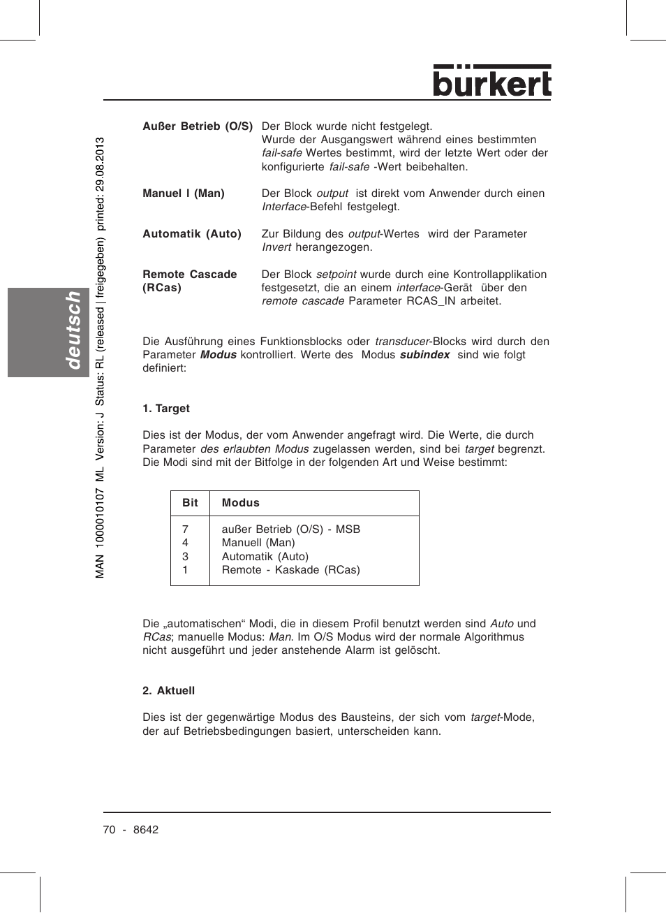 Deutsch | Burkert Type 8642 User Manual | Page 70 / 145