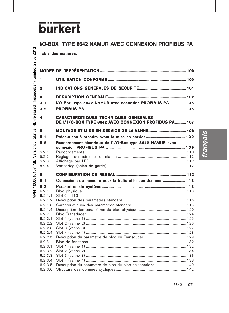 Français, I/o-box type 8642 namur avec connexion profibus pa | Burkert Type 8642 User Manual | Page 97 / 145