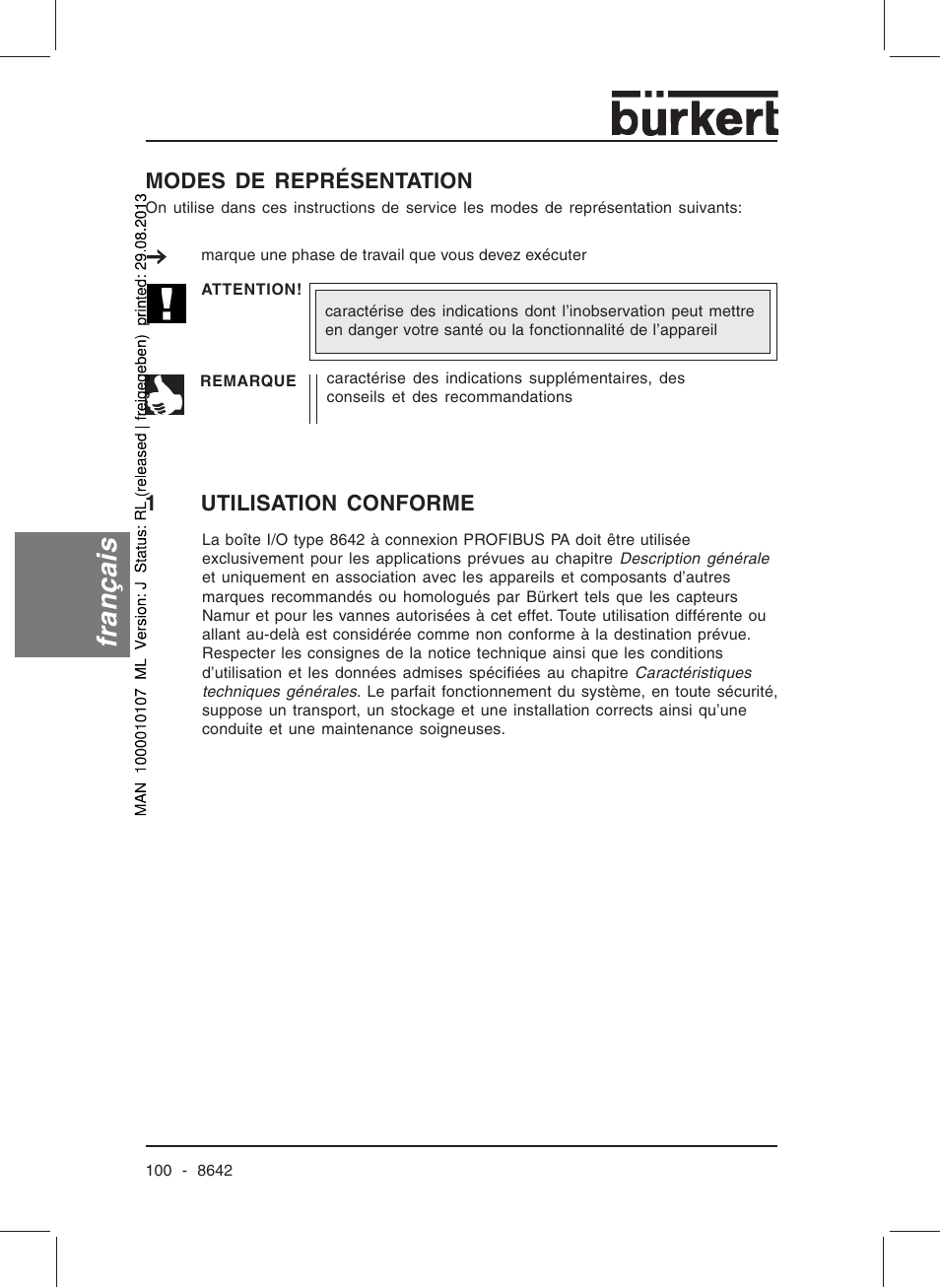 Français, Modes de représentation, 1utilisation conforme | Burkert Type 8642 User Manual | Page 99 / 145