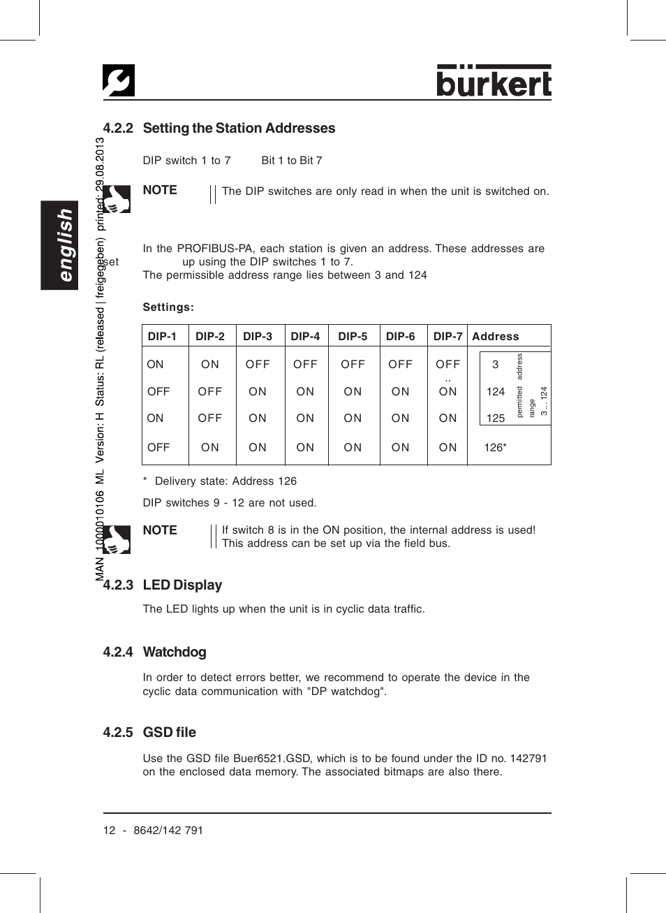 English, 2 setting the station addresses, 3 led display | 4 watchdog, 5 gsd file | Burkert Type 8642 User Manual | Page 14 / 127