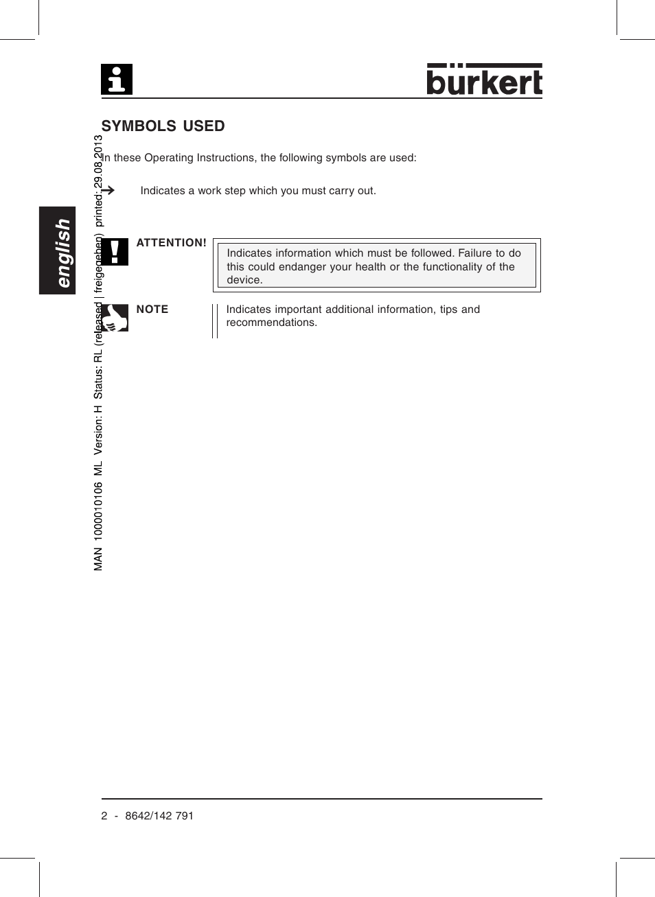 English, Symbols used | Burkert Type 8642 User Manual | Page 4 / 127