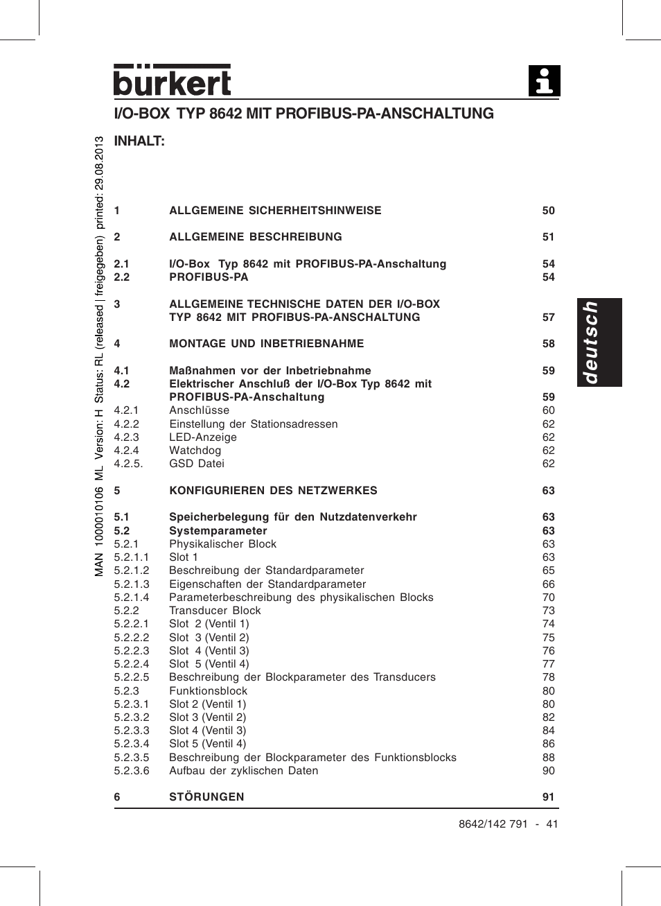 Deutsch, I/o-box typ 8642 mit profibus-pa-anschaltung, Inhalt | Burkert Type 8642 User Manual | Page 43 / 127