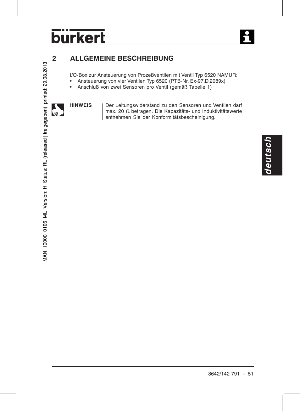 Deutsch, 2allgemeine beschreibung | Burkert Type 8642 User Manual | Page 46 / 127