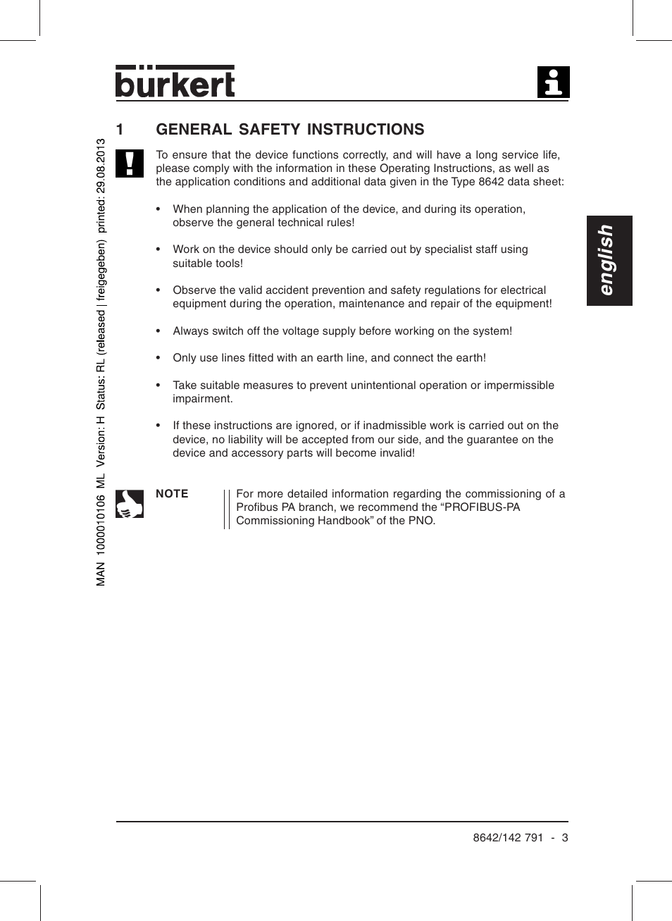 English, 1general safety instructions | Burkert Type 8642 User Manual | Page 5 / 127