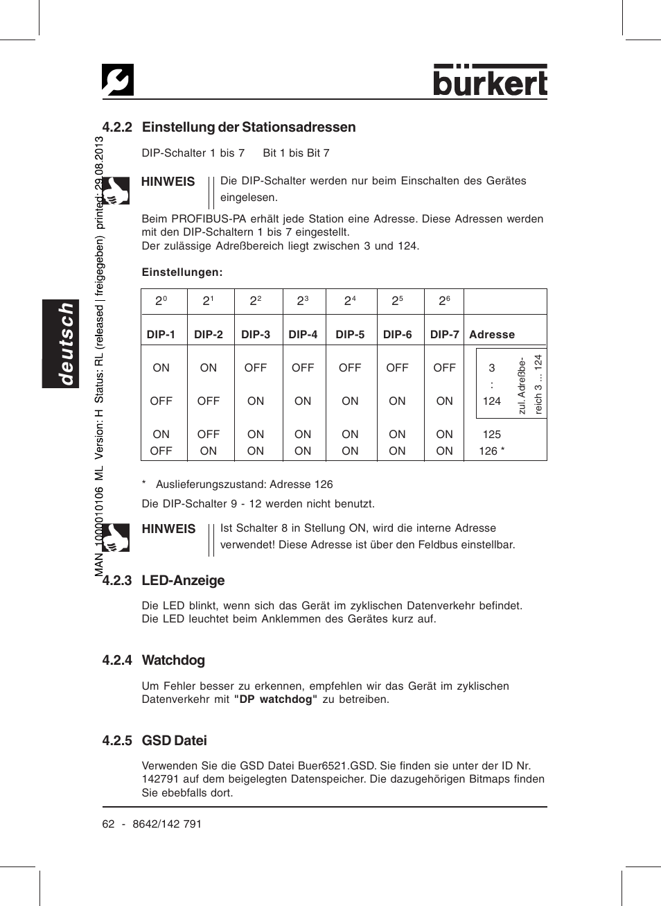 Deutsch, 2 einstellung der stationsadressen, 3 led-anzeige | 4 watchdog, 5 gsd datei | Burkert Type 8642 User Manual | Page 57 / 127