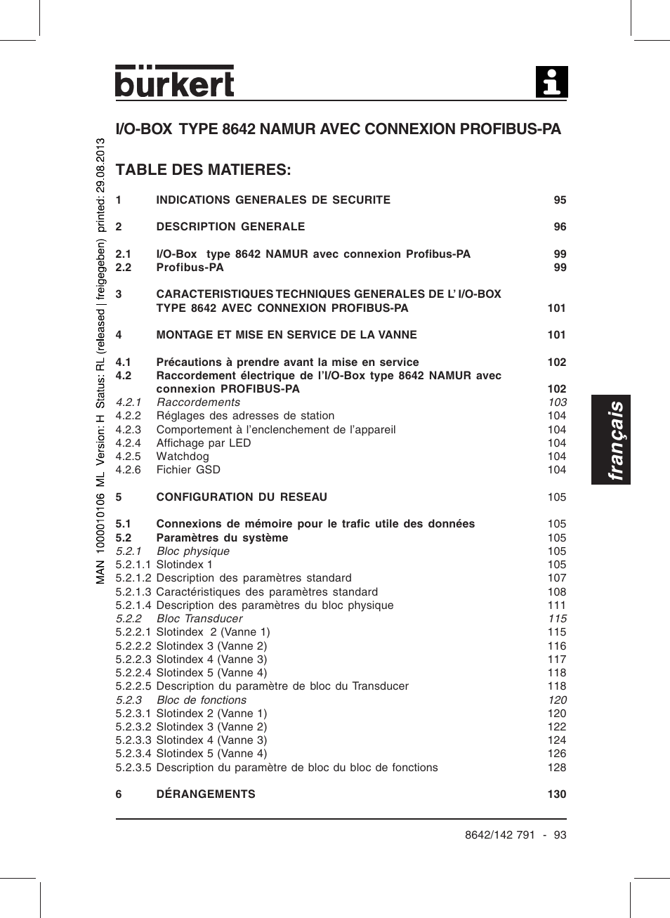 Francais, Français, Table des matieres | I/o-box type 8642 namur avec connexion profibus-pa | Burkert Type 8642 User Manual | Page 88 / 127