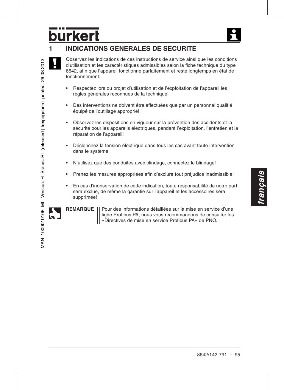 Français, 1indications generales de securite | Burkert Type 8642 User Manual | Page 90 / 127