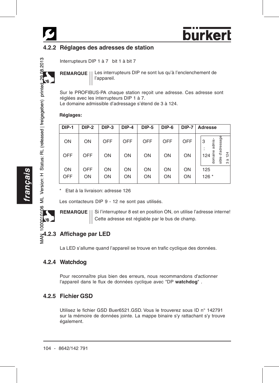 Français, 2 réglages des adresses de station, 3 affichage par led | 4 watchdog, 5 fichier gsd | Burkert Type 8642 User Manual | Page 99 / 127
