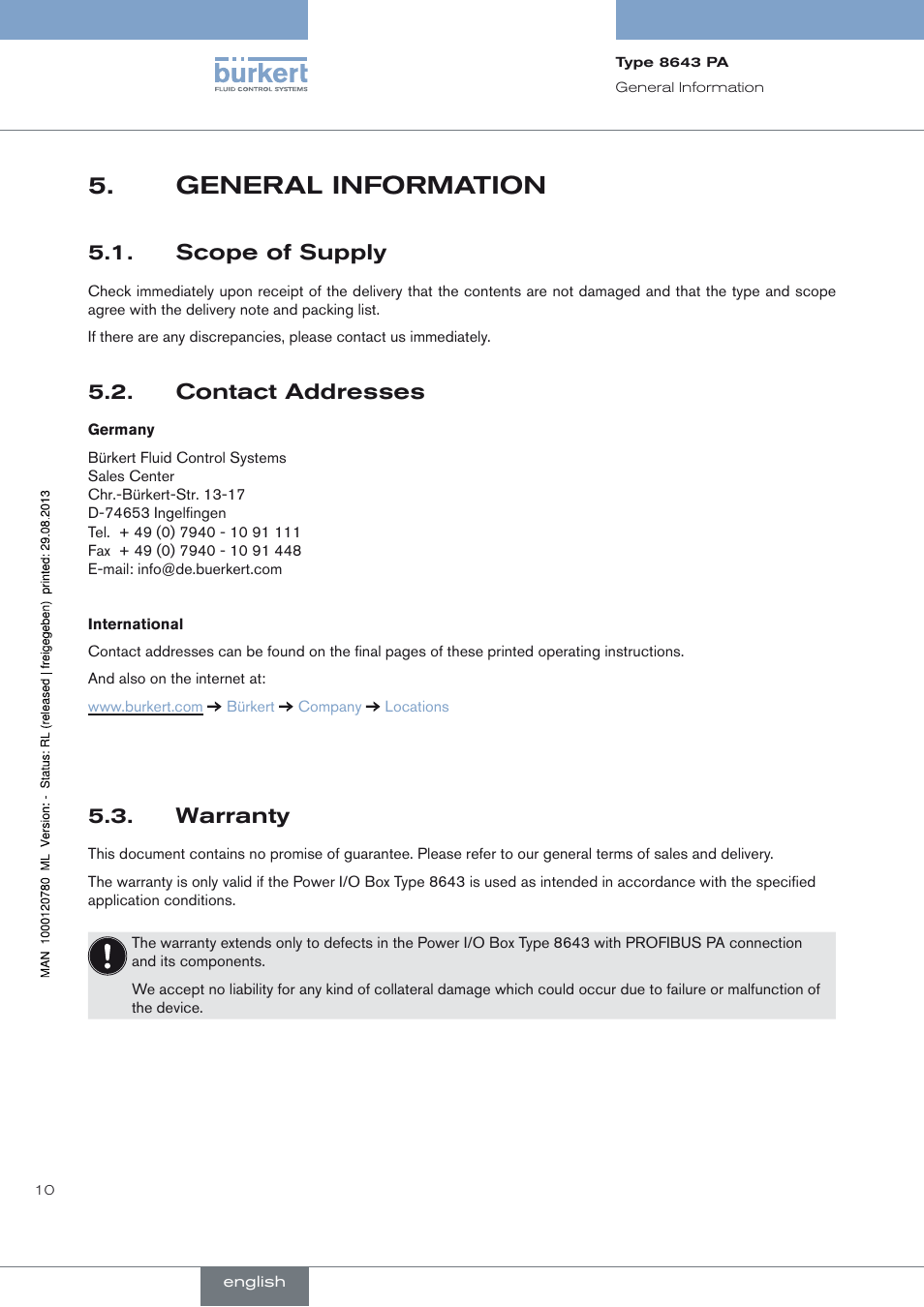 General information, Scope of supply, Contact addresses | Warranty, General information 5, Scope of supply 5.1, Contact addresses 5.2, Warranty 5.3 | Burkert Type 8643 User Manual | Page 10 / 162