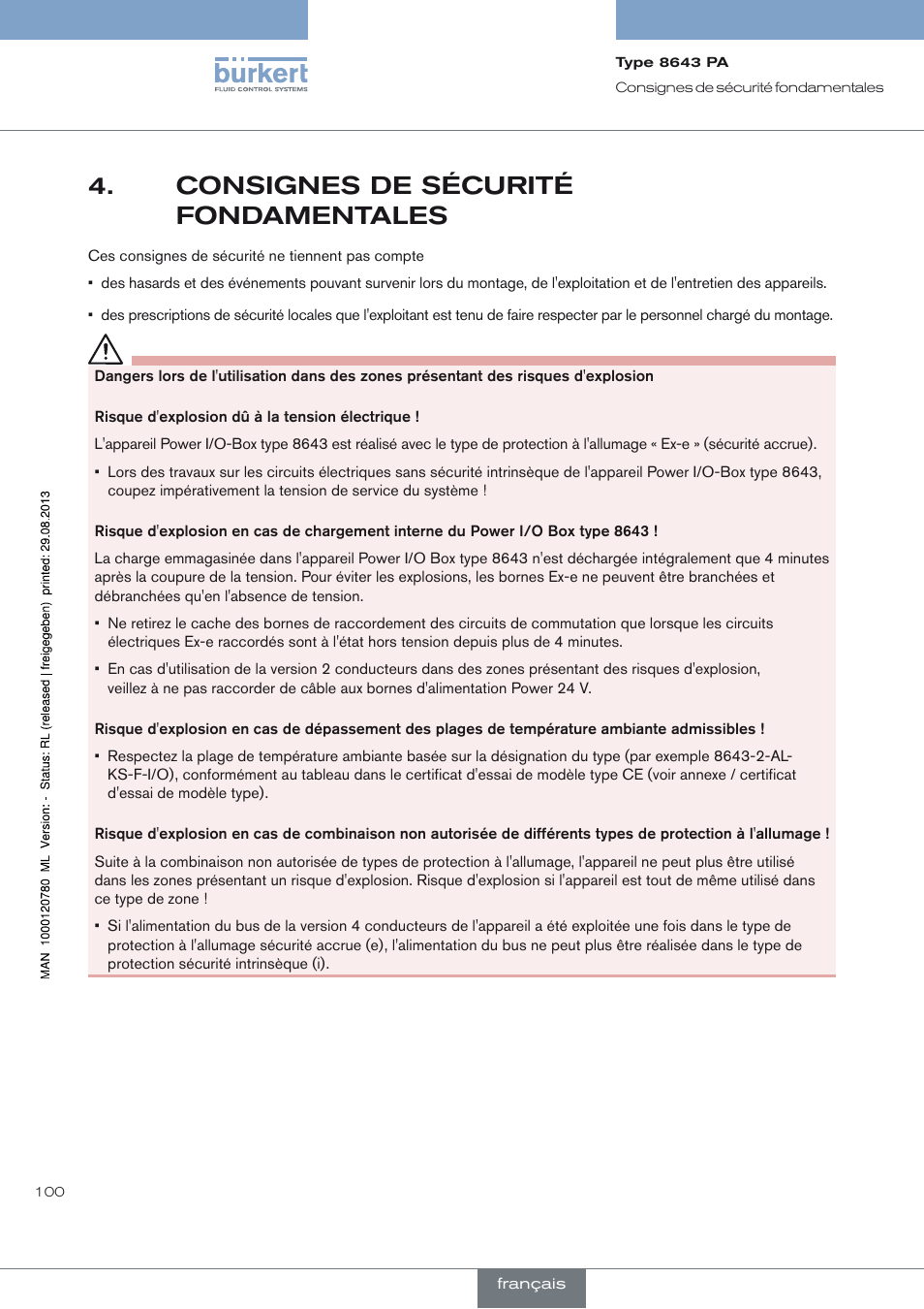 Consignes de sécurité fondamentales, Consignes de sécurité 4. fondamentales | Burkert Type 8643 User Manual | Page 100 / 162