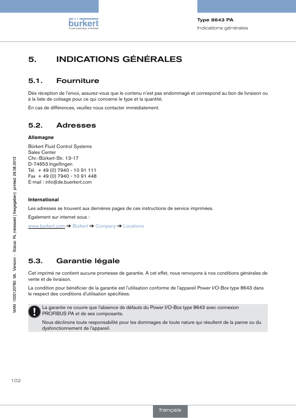 Indications générales, Fourniture, Adresses | Garantie légale, Indications générales 5, Fourniture 5.1, Adresses 5.2, Garantie légale 5.3 | Burkert Type 8643 User Manual | Page 102 / 162