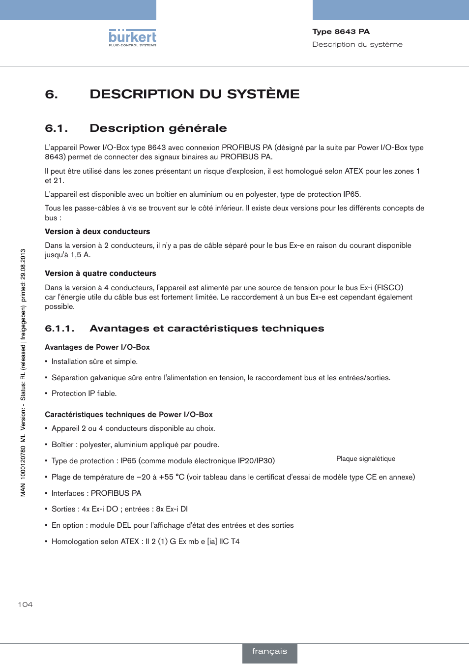 Description du système, Description générale, Avantages et caractéristiques techniques | Description du système 6, Description générale 6.1 | Burkert Type 8643 User Manual | Page 104 / 162