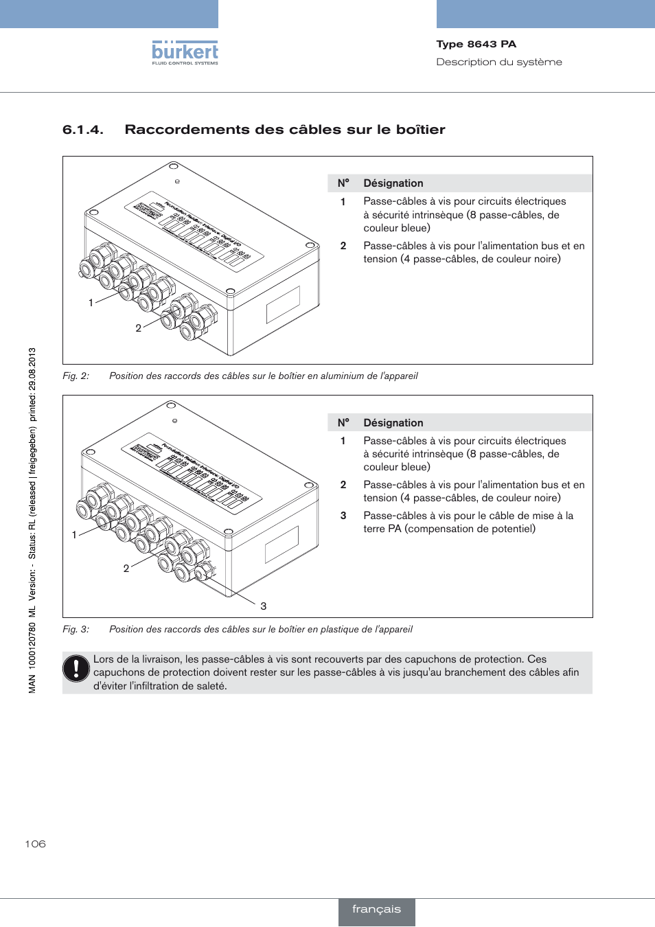 Raccordements des câbles sur le boîtier | Burkert Type 8643 User Manual | Page 106 / 162