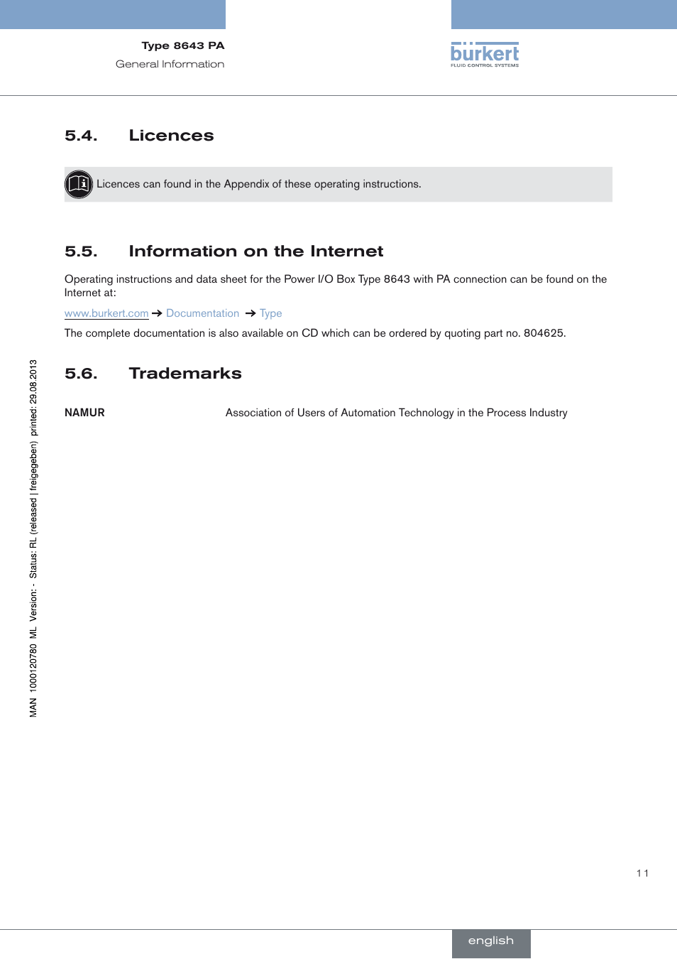 Licences, Information on the internet, Trademarks | Licences 5.4, Information on the internet 5.5, Trademarks 5.6 | Burkert Type 8643 User Manual | Page 11 / 162