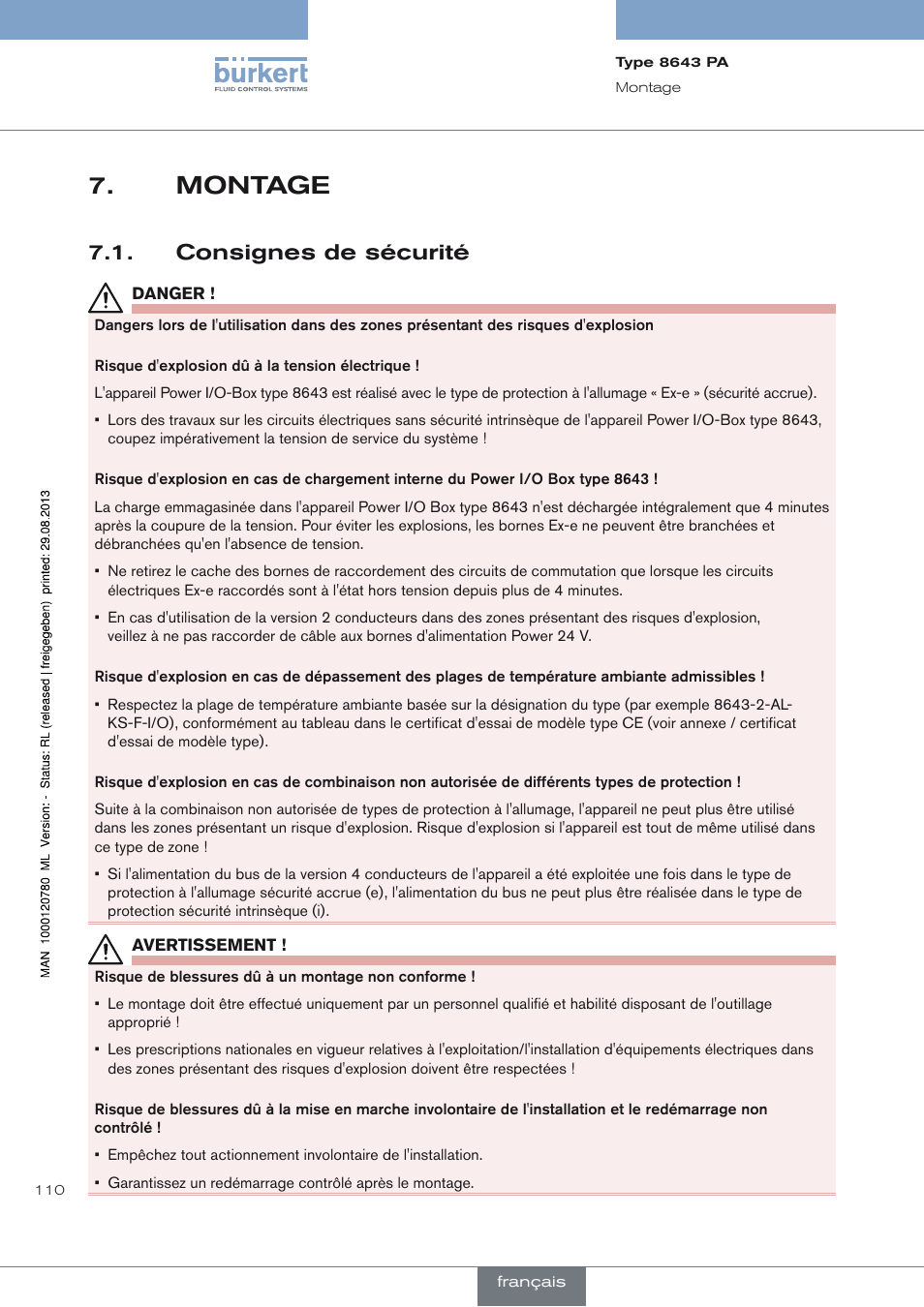 Montage, Consignes de sécurité, Montage 7 | Consignes de sécurité 7.1 | Burkert Type 8643 User Manual | Page 110 / 162