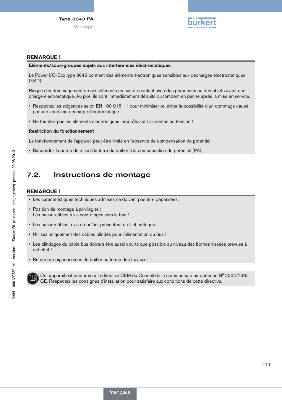 Instructions de montage, Instructions de montage 7.2 | Burkert Type 8643 User Manual | Page 111 / 162