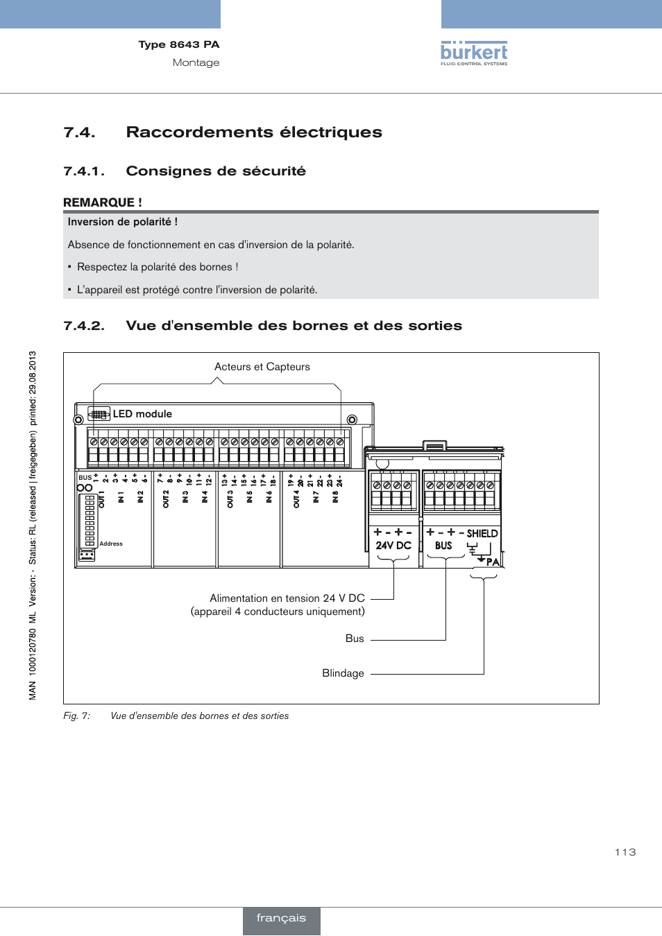 Raccordements électriques, Consignes de sécurité, Vue d'ensemble des bornes et des sorties | Raccordements électriques 7.4 | Burkert Type 8643 User Manual | Page 113 / 162