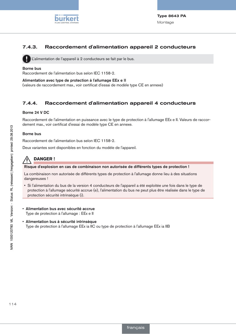 Raccordement d'alimentation appareil 2 conducteurs, Raccordement d'alimentation appareil 4 conducteurs | Burkert Type 8643 User Manual | Page 114 / 162